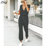 PETAL V-neck Short Sleeve Jumpsuit For Woman Casual Long Jogger Pants Playsuit 2023 Summer Overalls Bodysuits