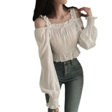 Summer Korean Chic French Style Collar Small Design Feel Folded Bubble Sleeve Short Shirt