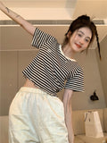 Zingj Striped Short-Sleeved T-Shirt Female Ins Tide Summer 2024 New Korean Version Design Sense Slim Short Student