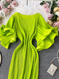 Round Neck Flare Short Sleeve Pleated Long Dress Vintage High Waist Ruffles Female Vestidos New Fashion Robe Mujer