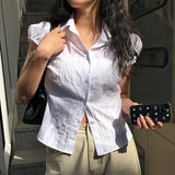 Zingj Wind Striped Puffy Sleeve Breasted Shirt Female Polo Collar Straight Tube Simple Loose Base
