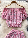 Vintage Women Floral Printed Two Piece Set Casual Slash Neck Single Breasted Short Blouse + High Waist A-Line Midi