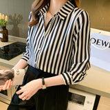 Women's Shirt 2023 Black and White Striped Tops for Women Versatile Polo Neck Clothing Long Sleeve Woman Basic Shirts