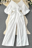 Women V-Neck Wide Leg Ruffle Jumpsuits Female Sexy Puff Short Sleeve High Waist Slim Vacation Beach Romper