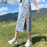 Flower Print Women's Long Denim Skirt Summer Harajuku High Waist Sexy Side Split Jeans Korean Streetwear Straight