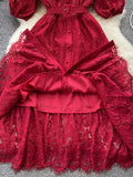 Women Lace Party Long Dress Vintage O-Neck Puff Short Sleeve High Waist Single Breasted A-Line Elegant Vestidos