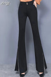 Elegant Women Flare Pants High Quality Elastic Korean Black Split Spring Lady Trousers Fashion High Waist Button Full