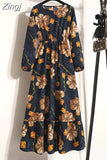 Floral Print Women Dress Spring Summer Casual O Neck Long Sleeve Chiffon A Line Long Maxi Dress Party