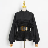 Zingj All-Match Shirt Female Spring 2024 New Standing Collar Long Sleeve Pleated Flounces Careful Machine Lace