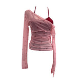 Fake Two Hanging Neck Sling Long-Sleeved T-Shirt Two Sets Of Thin Outer Sunshield Shirt Short Oblique Shoulder Coat