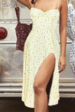 Spaghetti Strap Floral Print Summer Dress Women V Neck Bow Long Beach Party Elegant Bodycon