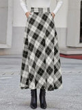 Autumn Lady High-Rise Thin Lattice A-Shaped Skirt Party Casual Loose Swing Umbrella