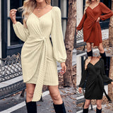 Trend Autumn And Winter New Trend Solid Color V Collar Slim Lady Tied Waist