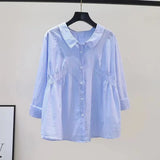 Shirt 2025 Spring And Autumn Small Fresh Light Blue Vertical Striped Shirt Female Design Feeling Waist Long Sleeve Loose