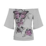 Niche Design Sense Retro Print Shoulder Short-Sleeved T-Shirt Hottie Side Shoulder-To-Shoulder-To-Shoulder-To-Shoulder-To-Wear