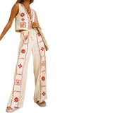 Fashion New Ladies Print Set Of Art Retro Sleeveless Top Broad Leg Pants Two