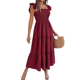 Shooting 2025 Summer Solid Color Square Lead Wood Ear Waist A Word Dress Women's