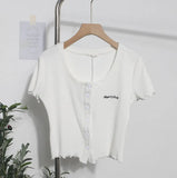 Relaxing Wood Ear Embroidery Short Small Cardigan Bottom Shirt T-Shirt T-Shirt Umbilly T-Shirt
