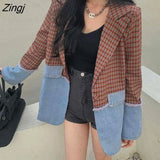 Women Blazers Patchwork Design Vintage Retro Single Button Long Sleeve Loose Casual Korean Style Chic Outwear Ulzzang