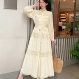 Wooden Ear Collar Buckle Tie With Long Hollow Lace Splicing French Bubble Sleeve