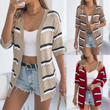 Shooting 2025 Spring And Summer Casual Striped Air Sleeve Knitted Knitted Holiday Cardigan Women's