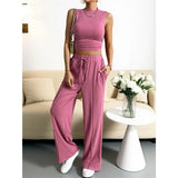 Summer Knitting Casual Suit Sleeveless Round Collar Short Repair Body Broad Leg Pants Two