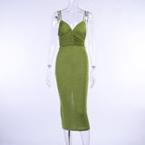 Knit Cami Backless Dresses Women's Party Dresses Button Sleeveless Ruched Corset Mid-Calf Sexy Robe Clubwear