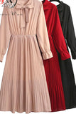 Women Dress Chiffon Elegant Vintage Bow Collar Long Sleeve Autumn Winter Midi Shirt Dresses 2023 Solid Slim Clothes