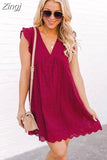 Dress with Pockets 2023 Summer Short Sleeve Lace Dresses for Women Hollow Out Spliced V-neck High Waist Party Dress