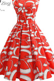 Women Casual Elegant Office Work Red Christmas Retro Hepburn O-neck Sleeveless Swing Party