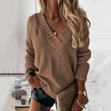 Women's Wear Solid Street Hipster Color Sweater V-neck Long Sleeve Pullover