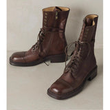 British Square Head Soft Leather Martens Women's Autumn 2025 New Ankle Boots Tie Belt Middle Tube Knight Western Cowboy