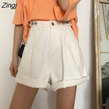 Women Summer Denim Wide-leg Buttons Vintage Washed High-waist Solid A-line Loose All-match Womens BF Ulzzang Slim