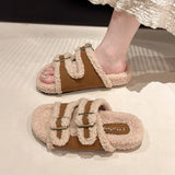 Zingj Slippers Female 2024 Autumn / Winter New Korean Version Of Fashion Color Stitching Soft Wool And Velvet Belt Buckle Flip-Ops-Outfit