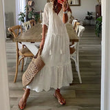 Solid Ruffles Pleated Long Party Dress Women Short Sleeve Loose Casual Dress2025 Autumn V Neck Tassel Hollow Out Dresses 211-0-Outfit