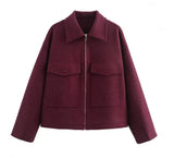 Women's Explosive Retro Fashion Simple Collar Big Pocket Zipper Wool