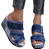 One-Word With Buckle High-Heeled Slippers Women's Slopes And Thick-Bottomed Cloth Beach Cold