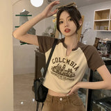 Zingj Girl V-Neck Short-Sleeved T-Shirt Women's Summer 2024 New Sweet Hot Retro Design Sense Short Student Top