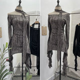 Dark Waste Soil Wind Makes The Old Hole Hanging Shoulder Hanging With Long Sleeves Irregularly Open Fork T-Shirt Skirt