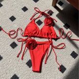 2024 European New Solid-Color Rose Drawstring Split Swimsuit