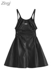 Faux Leather Sexy Black Spaghetti Strap Mini Dresses Women High Waist Hollow Out Design Backless Loose Party Club Midi