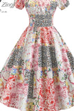 Dress Women Puff Sleeve Swing Vintage Dresses Robe Femme Elegant Floral Print Pin Up Party Dresses