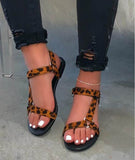Summer Weaving Ribbon Magic Flat-Soled Sandals Women Buckle Large Size Leopard Color Beach Cool