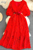 Summer Vintage Women V-Neck Puff Sleeve Hollow Out Lace Long Dress Elegant V-Neck High Waist A-Line Maxi Party