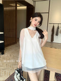 Xixi 2025 Summer New Temperament Elegant V Collar Hanging Neck Short-Sleeved Dress Women