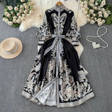 Retro High-End Lantern Long-Sleeved Print Dress Female Light Luxury Elegant Single Buckle Waist Swing