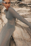 Knitted Long Dress Women Hollow Out Long-sleeved Dresses Female See Through Cover-ups Beach Vacation