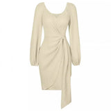 Trend Autumn And Winter New Trend Solid Color V Collar Slim Lady Tied Waist