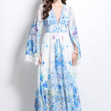 Style Dress Women 2025 Spring Dress Famous V Collar Horn Sleeves To Close The Waist Buckle Print Long