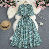 Zingj Summer New Temperament Shirt Dress Female Print Close Waist Over The Knee Big Place Socialite Floral Long Skirt